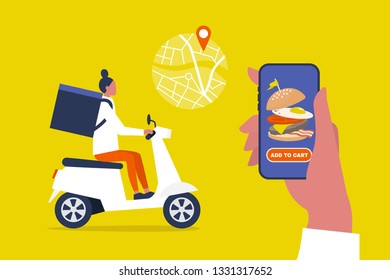 Food delivery service. Mobile application. Young female courier with a large backpack riding a motor bike. Flat editable vector illustration, clip art