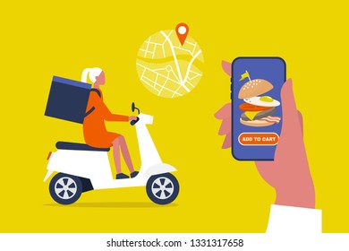 Food delivery service. Mobile application. Young female courier with a large backpack riding a motor bike. Flat editable vector illustration, clip art