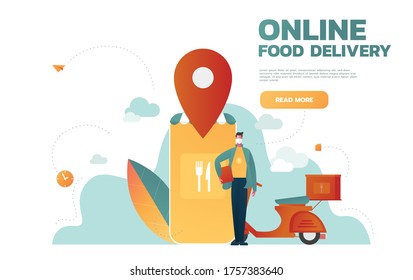 Food delivery service. Mobile application. Young male courier with a large backpack riding a motor bike. Flat editable vector illustration, clip art.
