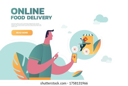 Food delivery service. Mobile application. Young male courier with a large backpack riding a motor bike. Flat editable vector illustration, clip art.