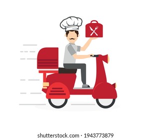 Food delivery service. Mobile application. Male courier riding a motor bike with a large lunchbox. Flat editable vector illustration.
