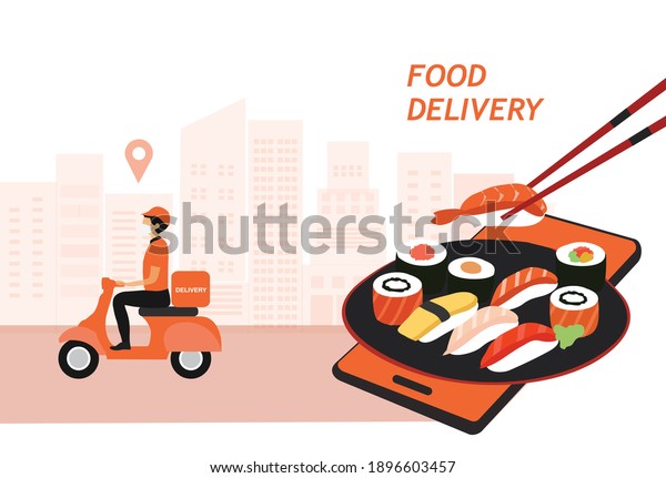 Food delivery service and mobile ordering concept.\
Delivery man ride motorbike to delivery food to customer vector\
illustration 