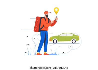 Food delivery service modern flat concept. Courier received online order and carries bag of meal home to buyer. Fast ship and tracking. Vector illustration with people scene for web banner design