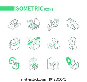 Food delivery service - modern isometric icons set. Cafe and restaurant takeaway menu, pizza and wok, desserts ordering online idea. Worker, mobile store, shopping bags at the door, scooter and truck