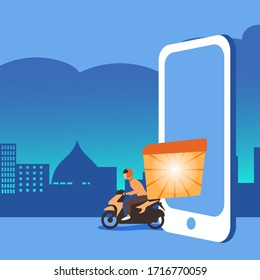 Food delivery service, motorcycle transportation online order by phone during quarantine period.