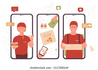 Food delivery service on screens of mobile phones vector illustration. Cartoon girl and boy courier in uniform delivering grocery box to home address, holding box of pizza and coffee for customer