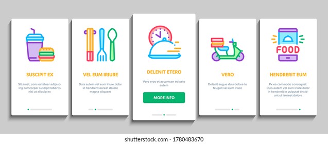 Food Delivery Service Onboarding Mobile App Page Screen Vector. Food Delivery Boy And Motorcycle, Online Order And Phone Application, Utensil And Nutrition Illustrations