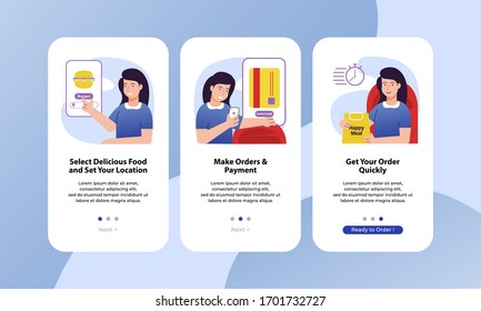 Food delivery service, order meal online, payment method. order by online when stay at home.  Mobile app onboarding screens. Menu vector banner template for website and mobile development. 