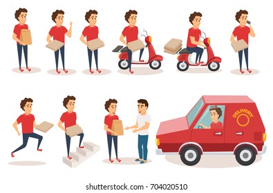 Food delivery service. Order from restaurant. Character set. Man courier drives scooter, car, holds pizza box, grocery paper bag, cell phone, gives order to buyer, run, climbing stairs. Boy in uniform