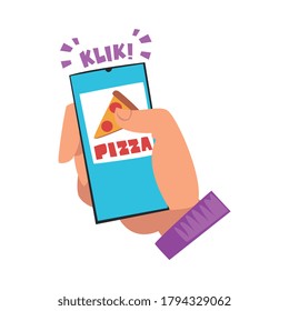 Food Delivery Service, Person Choosing Pizza Using Mobile Smartphone App and Tapping on Screen Making Order Cartoon Style Vector Illustration