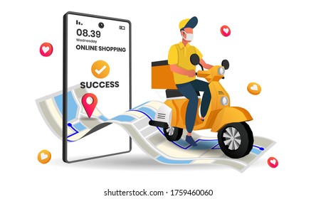 Food delivery service perspective landing page with bike transportation, Online shipping application, smartphone with gps mark on screen, 3d vector illustration,Hero image for website