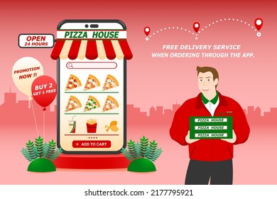 Food Delivery Service, Pizza Restaurant Application On Mobile, Banner Design Advertising Promotion Discount And Shipment, Product Express Delivery And Male Staff, Online Store Business And Technology.