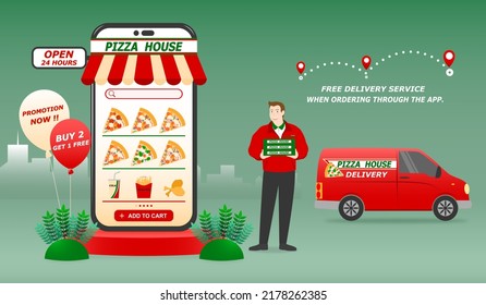 Food Delivery Service, Pizza Restaurant Application On Mobile, Banner Design Advertising Promotion Discount And Shipment, Product Express Delivery And Male Staff, Online Store Business And Technology.