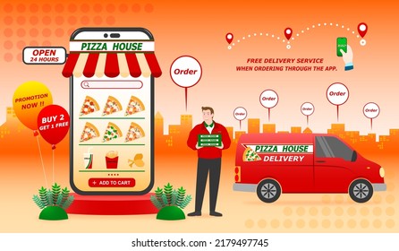 Food Delivery Service, Pizza Restaurant Application On Mobile, Banner Design Advertising Promotion Discount And Shipment, Product Express Delivery And Male Staff, Online Store Business And Technology.