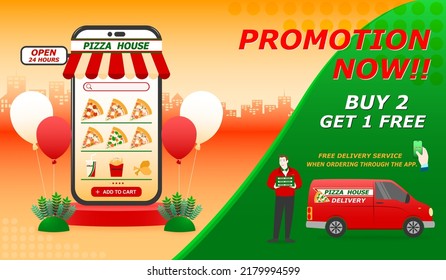 Food Delivery Service, Pizza Restaurant Application On Mobile, Banner Design Advertising Promotion Discount And Shipment, Product Express Delivery And Male Staff, Online Store Business And Technology.