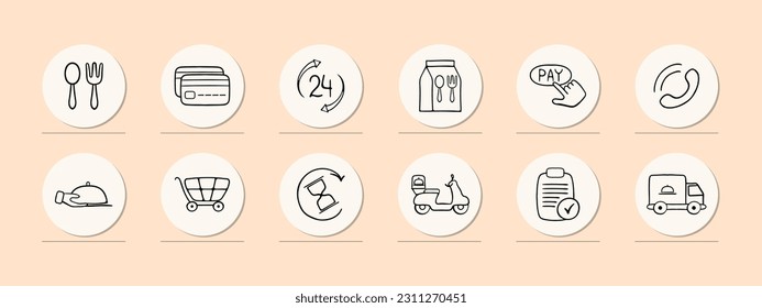 Food delivery service providing a convenient and delicious culinary experience. Enjoy a wide selection of freshly prepared. Pastel color background. Vector line icon