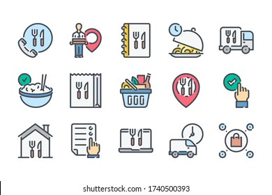 Food Delivery Service Related Color Line Icon Set. Home Delivery Service And Distribution Colorful Linear Icons. Online Order Flat Color Outline Vector Sign Collection.