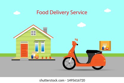 Food delivery service with scooter concept illustration in modern fllat style design, can use for advertising, banner. food order online, food delivery business, delivery web page. vector illustration