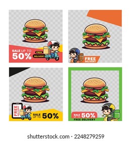 Food and delivery service. Scooter with delivery man character graphic design template, social media post, graphic frame, vector illustration
