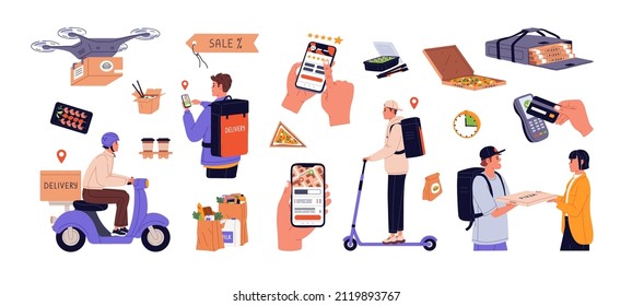 Food delivery service set. Online orders of meals, groceries, pizza through mobile app, couriers delivering boxes on mopeds, in backpacks. Flat vector illustrations isolated on white background