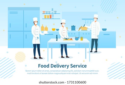 Food Delivery Service showing the chefs preparing the meals in a restaurant kitchen with text during the Covid-19 pandemic, colored vector illustration