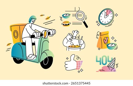 Food delivery service. Site icon. Scooter courier. Online order search. Fast cooking and express shipping. Kitchen chef. Approved meal. Clock timer. UI food design. Web error. Vector promo signs set