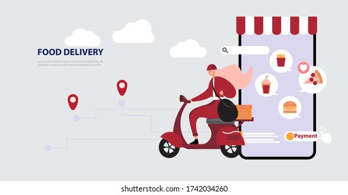 Food delivery service, technology and logistics concept. Illustration of ordering food online on the application software
Simple Line Style. Flat design. Vector Illustration.
