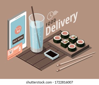 Food delivery service template. Restaurant japanese menu. Isometric Illustration