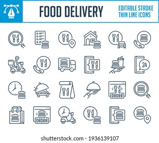 Food delivery service thin line icons. Ordering products from home and Online order outline icon set. Editable stroke icons.
