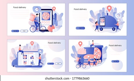 Food delivery service. Tiny people order food online. Screen template for mobile smart phone, landing page, template, ui, web, mobile app, poster, banner, flyer. Modern flat cartoon style. Vector