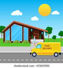 Food Delivery Service Truck Brought Order to the Customer. Vector illustration