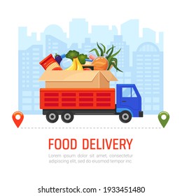 Food delivery service at urban landscape, cityscape background. Truck carries large cardboard box filled with goods at body to customers. Transportation products to consumers. Vector illustration.