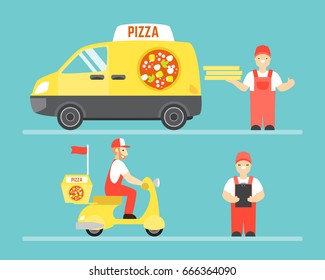 Food delivery service vector concept. Pizza delivery by car and motorbike. Man holding pizza.