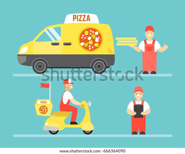 Food delivery service\
vector concept. Pizza delivery by car and motorbike. Man holding\
pizza.