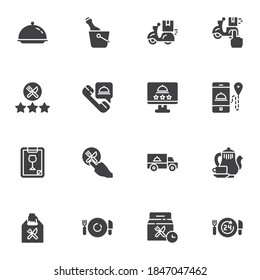 Food delivery service vector icons set, modern solid symbol collection, filled style pictogram pack. Signs logo illustration. Set includes icons as restaurant food menu, online ordering, delivery bike