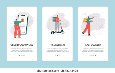 Food delivery service vertical banners. remote order from store via app, courier with backpack on scooter, guy on doorstep, vector set