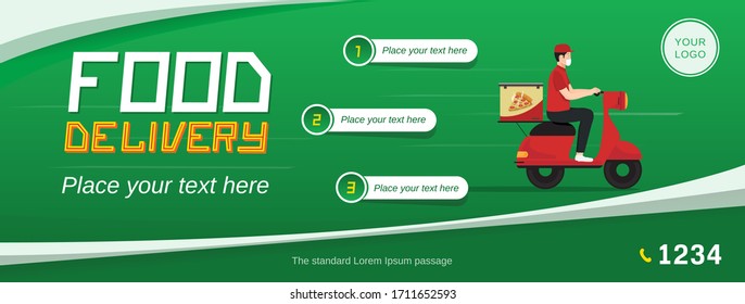 Food delivery service web banner with motorcycle and space for your text on green background