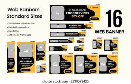 Food delivery service web banner design for social media posts, food ads web set banner templates