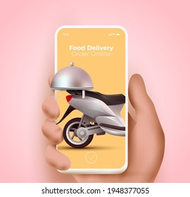 Food delivery service website or mobile application and online food ordering concept with hand holding smartphone with delivery scooter on the screen. 3d vector illustration