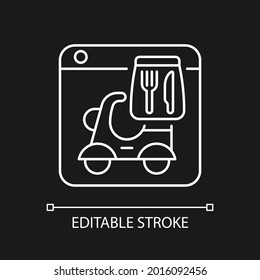 Food delivery service white linear icon for dark theme. Delivering orders by restaurant couriers. Thin line customizable illustration. Isolated vector contour symbol for night mode. Editable stroke