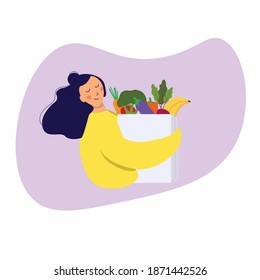 Food delivery service . Woman bringing grocery bag with vegetables in it to home. Young girl holding grocery bag concept. Vector illustration in cartoon flat style.