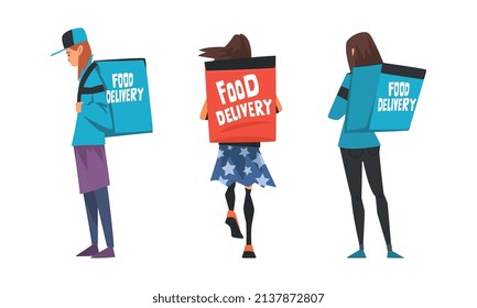 Food Delivery Service with Woman Courier Carrying Box Vector Set