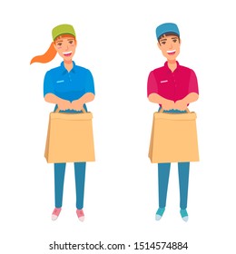 Food delivery service worker. Happy young adult people holding a paper bag in front of them. A boy and a girl in a baseball cap, polo shirt, and colored jeans. Vector cartoon illustration.