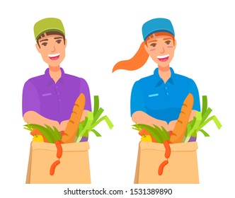 Food delivery service worker. Happy girl and boy holding a paper bag with food groceries. Young adult people in a baseball cap, polo shirt. Vector cartoon illustration isolated on white background.