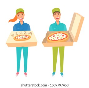 Food delivery service worker. Young adult people holding a box of tasty pizza. A boy and a girl in a baseball cap, polo shirt, and colored jeans. Vector cartoon illustration.