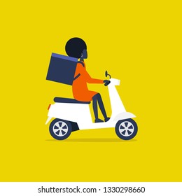Food delivery service. Young black female courier with a large backpack riding a motor bike. Flat editable vector illustration, clip art