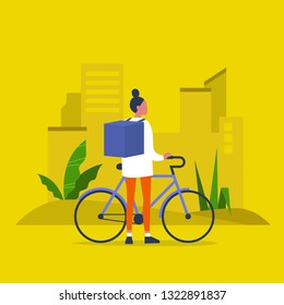 Food delivery service. Young female courier with a large backpack riding a bike. Flat editable vector illustration, clip art