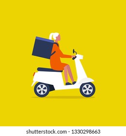 Food delivery service. Young female courier with a large backpack riding a motor bike. Flat editable vector illustration, clip art