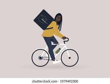 Food delivery service, a young female Black courier riding a bike