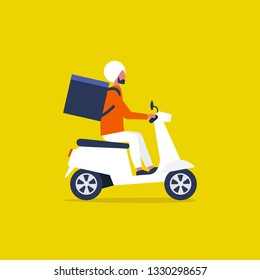 Food delivery service. Young indian male courier with a large backpack riding a motor bike. Flat editable vector illustration, clip art